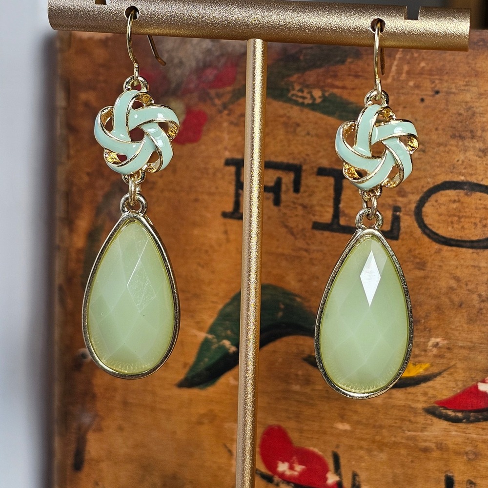 Green Enamel Knot Teardrop Dangle Drop Earrings Women OS Faux Stone Gold Tone